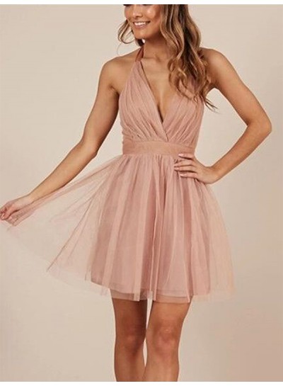 Sexy Cut Short Mini Tulle Halter Sleeveless Backless A-Line/Princess Homecoming Dresses