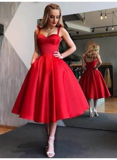 Red Ball Gown Tea-Length Pleated Sweetheart Sleeveless Homecoming Dresses