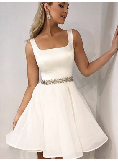 White Beading Square Neck Sleeveless A-Line/Princess Cut Short/Mini Homecoming Dresses