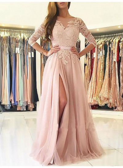 Side Split Bateau Appliques 3/4 Sleeve Sheer Tulle Pink Pleated Prom Dresses 2024