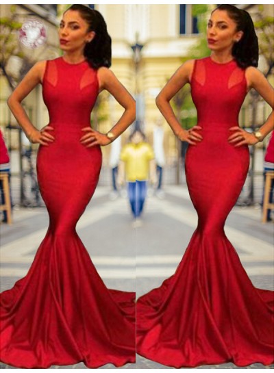 Jewel Sleeveless Mermaid Red Sexy Simple Satin Pleated Prom Dresses 2024