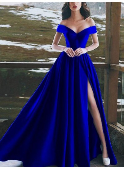 Off The shoulder Royal-Blue V Neck Side Split Pleated Elegant Long Prom Dresses 2024