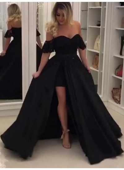 Off The Shoulder High Low Sweetheart Satin Simple Pleated Black Prom Dresses 2024