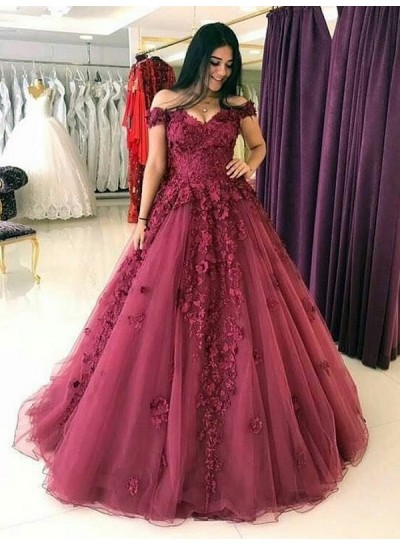 Appliques A Line Off The Shoulder V Neck Flowers Pleated Lace Prom Dresses 2024