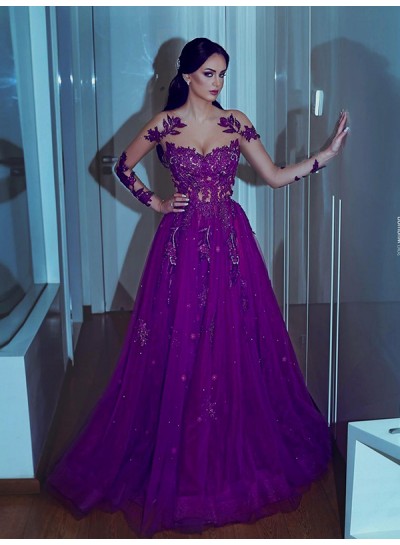 Long Sleeve Exquisite Scoop Appliques Sheer Purple Lace A Line Prom Dresses 2024