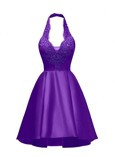 Halter Deep V Neck Satin Appliques Purple Backless Pleated A Line Homecoming Dresses