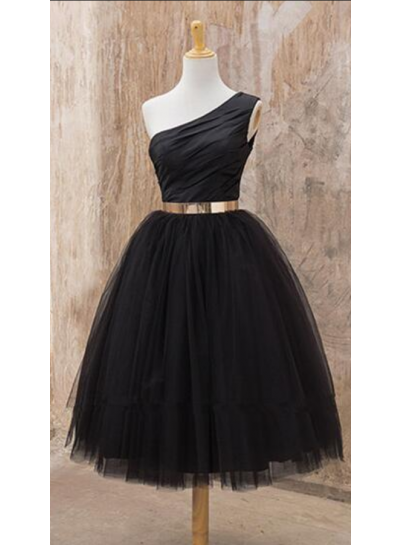 One Shoulder Sleeveless A Line Ball Gown Black Tulle Ruched Pleated Homecoming Dresses