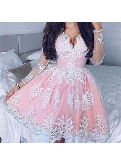 Long Sleeve Ball Gown Pleated Deep V Neck Sheer Pink Lace Flowers Mini Homecoming Dresses