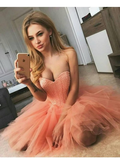 Strapless Sweetheart Backless Ball Gown Tulle Ruffles Short Sexy Homecoming Dresses