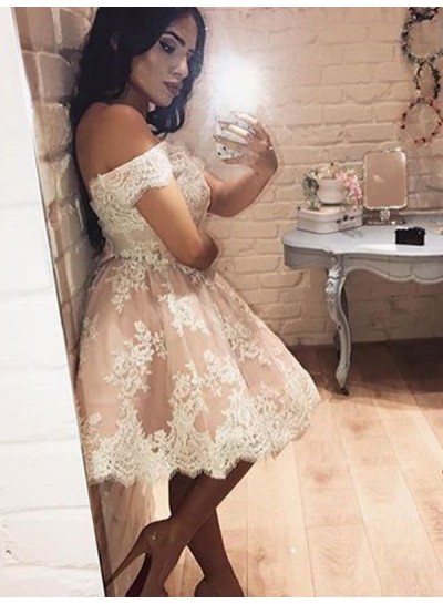 Off Shoulder A Line Lace Flowers Sexy Elegant Pleated Ivory Knee Length Homecoming Dresses