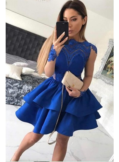 Jewel Long Sleeve Appliques Satin Royal Blue Tiered Lace Short Homecoming Dresses