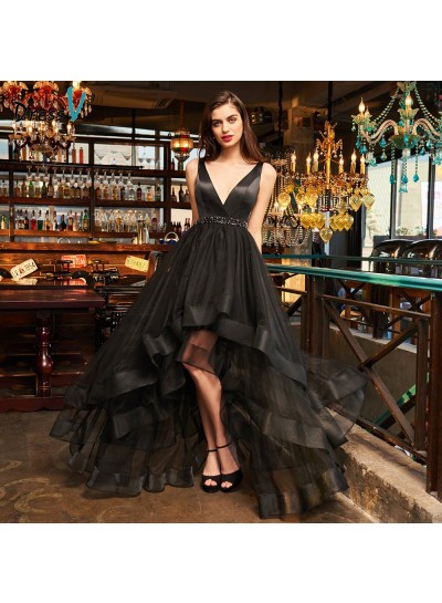 Deep V Neck Sleeveless Rhinestone A Line Organza Black High Low Homecoming Dresses