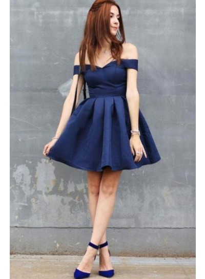 Off The Shoulder Dark Navy Ball Gown Pleated Simple Elegant Satin Homecoming Dresses
