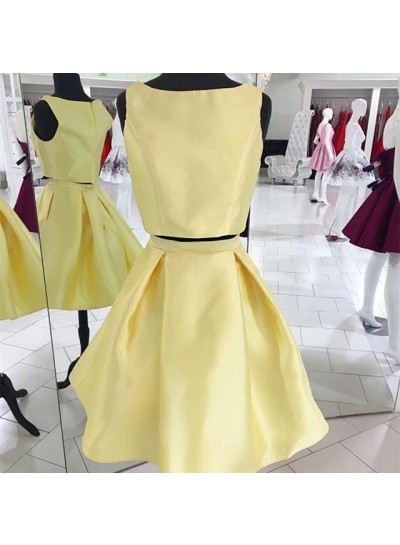 Bateau Sleeveless A Line Two Pieces Satin Pleated Simple Light Yellow Homecoming Dresses