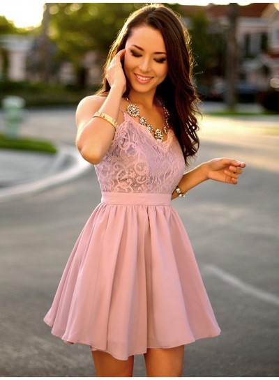 Spaghetti Straps A Line V Neck Chiffon Pleated Lace Short Flowers Homecoming Dresses