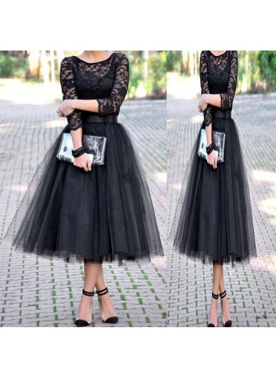 Scoop Lace Black A Line Long Sleeve Sheer Tulle Pleated Elegant Homecoming Dresses