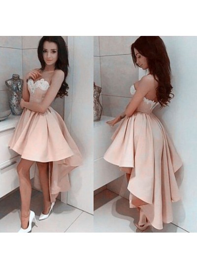 Appliques Pink A Line Strapless Sweetheart Satin Backless High Low Pleated Homecoming Dresses