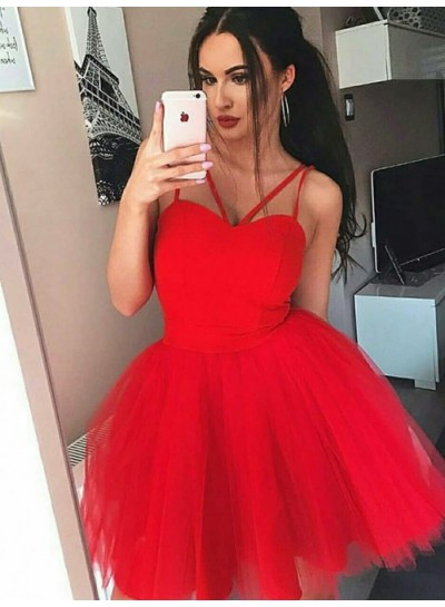 Spaghetti Straps Ball Gown Pleated Tulle Sleeveless Red Homecoming Dresses