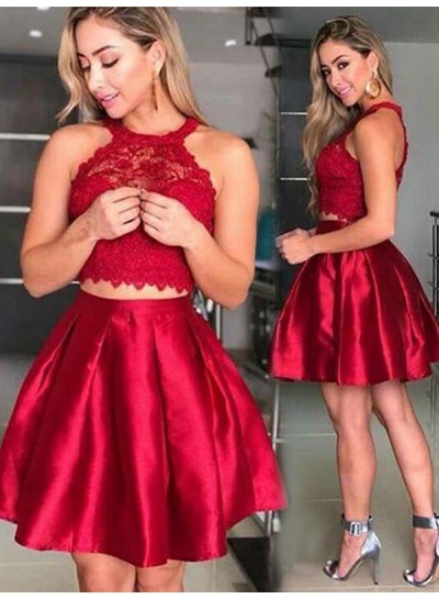 Sleeveless Two Pieces Halter A Line Satin Pleated Lace Short Red Homecoming Dresses