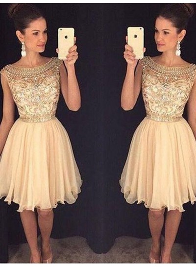 Scoop Cap Sleeve Champagne A Line Chiffon Beading Knee Length Pleated Homecoming Dresses