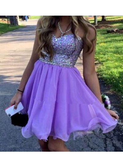 Strapless Sweetheart Beading A Line Pleated Lilac Chiffon Short Homecoming Dresses