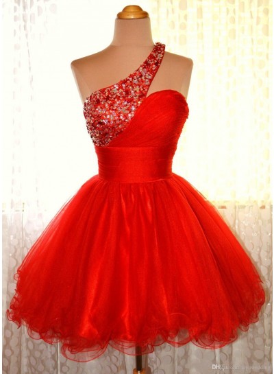 One Shoulder Red Sleeveless A Line Organza Pleated Rhinestone Homecoming Dresses