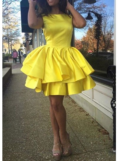 Jewel Sleeveless Short Tiered Pleated Taffeta Daffodil Simple Ball Gown Homecoming Dresses