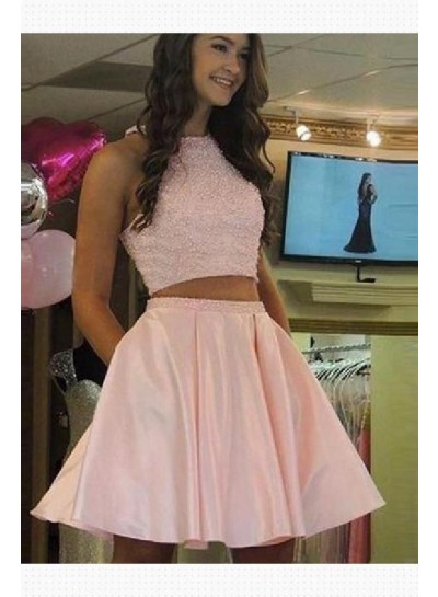 Halter Jewel Pink Sleeveless Two Pieces A Line Satin Pleated Homecoming Dresses