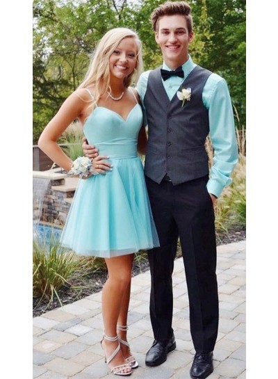 Blue Sweetheart Spaghetti Straps A Line Tulle Pleated Simple Short Homecoming Dresses