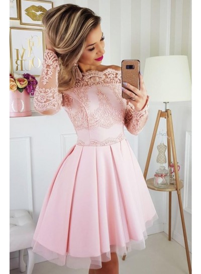 Pink Lace Off The shoulder Appliques Long Sleeve A Line Tulle Short Homecoming Dresses