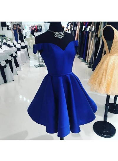 Royal blue Off The Shoulder V Neck A Line Satin Pleated Short Homecoming Dresses