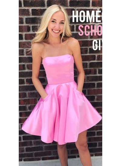 Strapless Straight Sleeveless A Line Pink Pleated Satin Short Pockets Homecoming Dresses