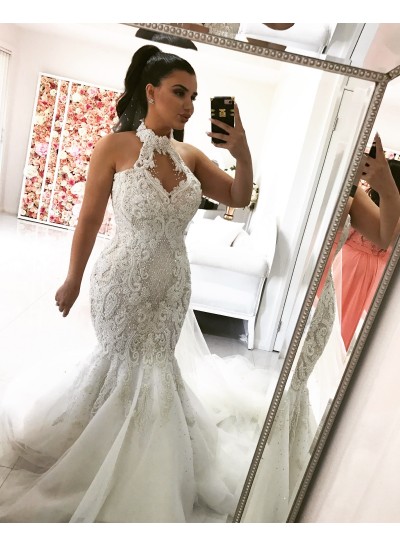 Sexy Mermaid/Trumpet Tulle With Embroidery High Neck Long Plus Size Wedding Dresses / Bridal Gowns 2024