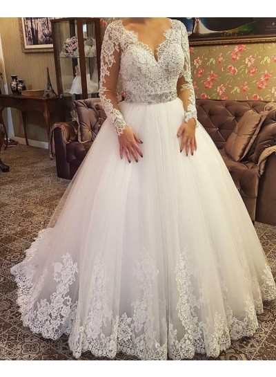 2024 Elegant Long Sleeves Sweetheart Lace Beaded Ball Gown Wedding Dresses / Bridal Gowns