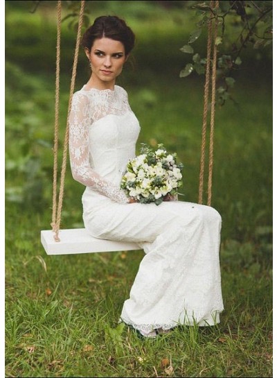 2024 Sheath Long Sleeves Floor Length Long Side Slit Lace Wedding Dresses / Bridal Gowns