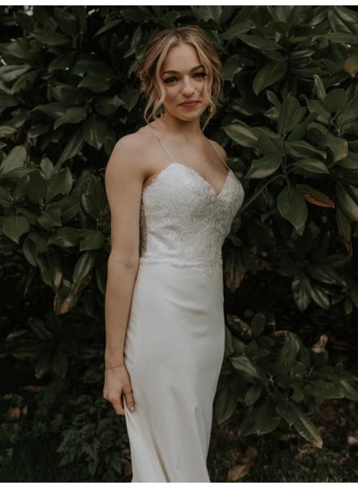 2024 Elegant Sheath Satin Spaghetti Straps Sweetheart Lace Wedding Dresses / Bridal Gowns
