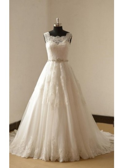 2024 Elegant A Line/Princess Sweetheart Beaded Sash Lace Long Wedding Dresses / Bridal Gowns