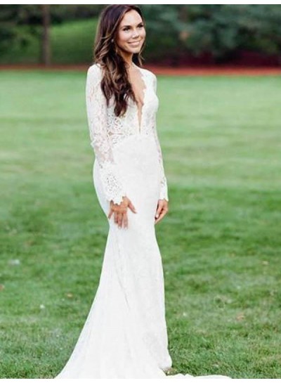Long Sleeves Front Slit Lace Sheath Floor Length Long Backless Beach Wedding Dresses / Bridal Gowns 2024