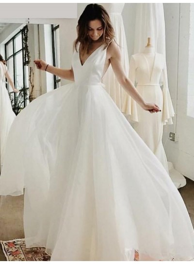 2024 New Arrival A Line/Princess V Neck Chiffon Backless Floor Length Long Beach Wedding Dresses / Bridal Gowns