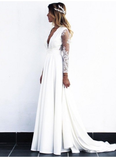 A Line/Princess Satin Deep V Neck Long Sleeves Lace Wedding Dresses / Bridal Gowns 2024