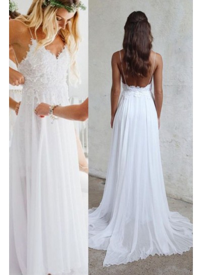 2024 A Line/Princess Chiffon Lace Sweetheart Spaghetti Straps Backless Beach Wedding Dresses / Bridal Gowns