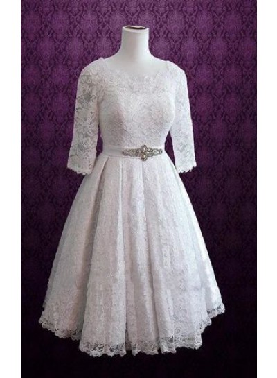 2024 Newly A Line/Princess Long Sleeves Lace Tea Length Short Wedding Dresses / Bridal Gowns