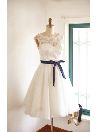 2024 A Line/Princess Sweetheart  Tea Length Lace Blue Bowknot Short Wedding Dresses / Bridal Gowns