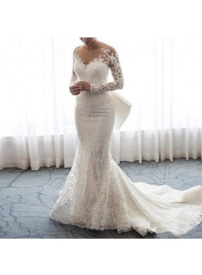 2024 Charming Sheath Long Sleeves Lace Bowknot Long Wedding Dresses / Bridal Gowns