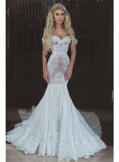 2024 Sexy Mermaid/Trumpet Sweetheart Off Shoulder Lace Up Back Lace Wedding Dresses / Bridal Gowns