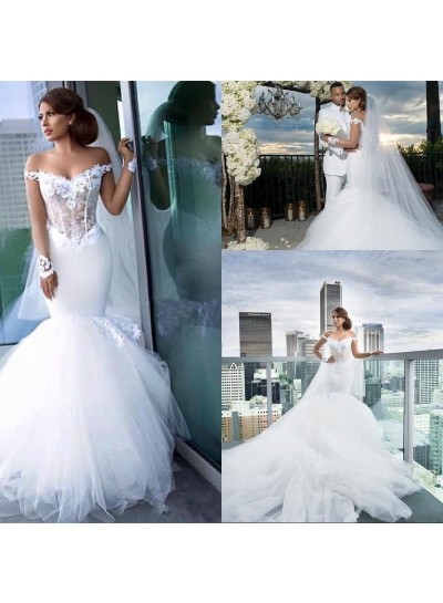 New Arrival Mermaid/Trumpet White Sweetheart Off Shoulder Tulle Long Sleeves Wedding Dresses / Bridal Gowns 2024