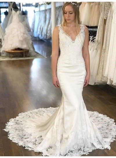2024 New Arrival Mermaid/Trumpet V Neck Backless Lace Long Wedding Dresses / Bridal Gowns