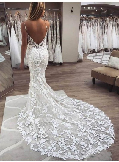 2024 Sexy Mermaid/Trumpet Sweetheart Spaghetti Straps Backless Lace Wedding Dresses / Bridal Gowns
