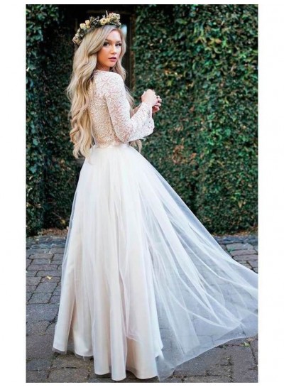 2024 New Arrival A Line/Princess Long Sleeves Champagne Tulle Lace Wedding Dresses / Bridal Gowns