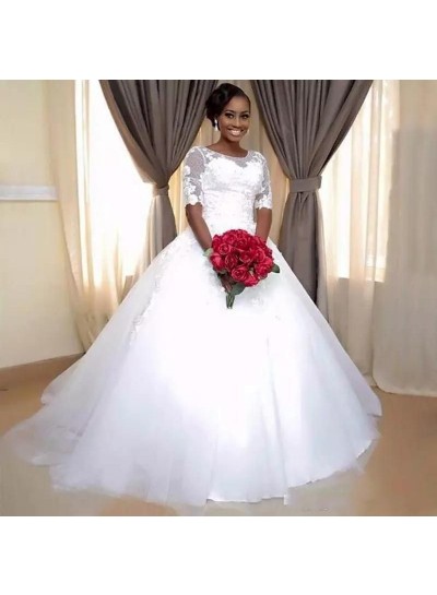 2024 New Arrival White Bateau Tulle Lace up Ball Gown Wedding Dresses / Bridal Gowns